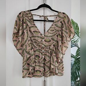 Molly Bracken Patterned V-Neck Blouse - Green and Pink